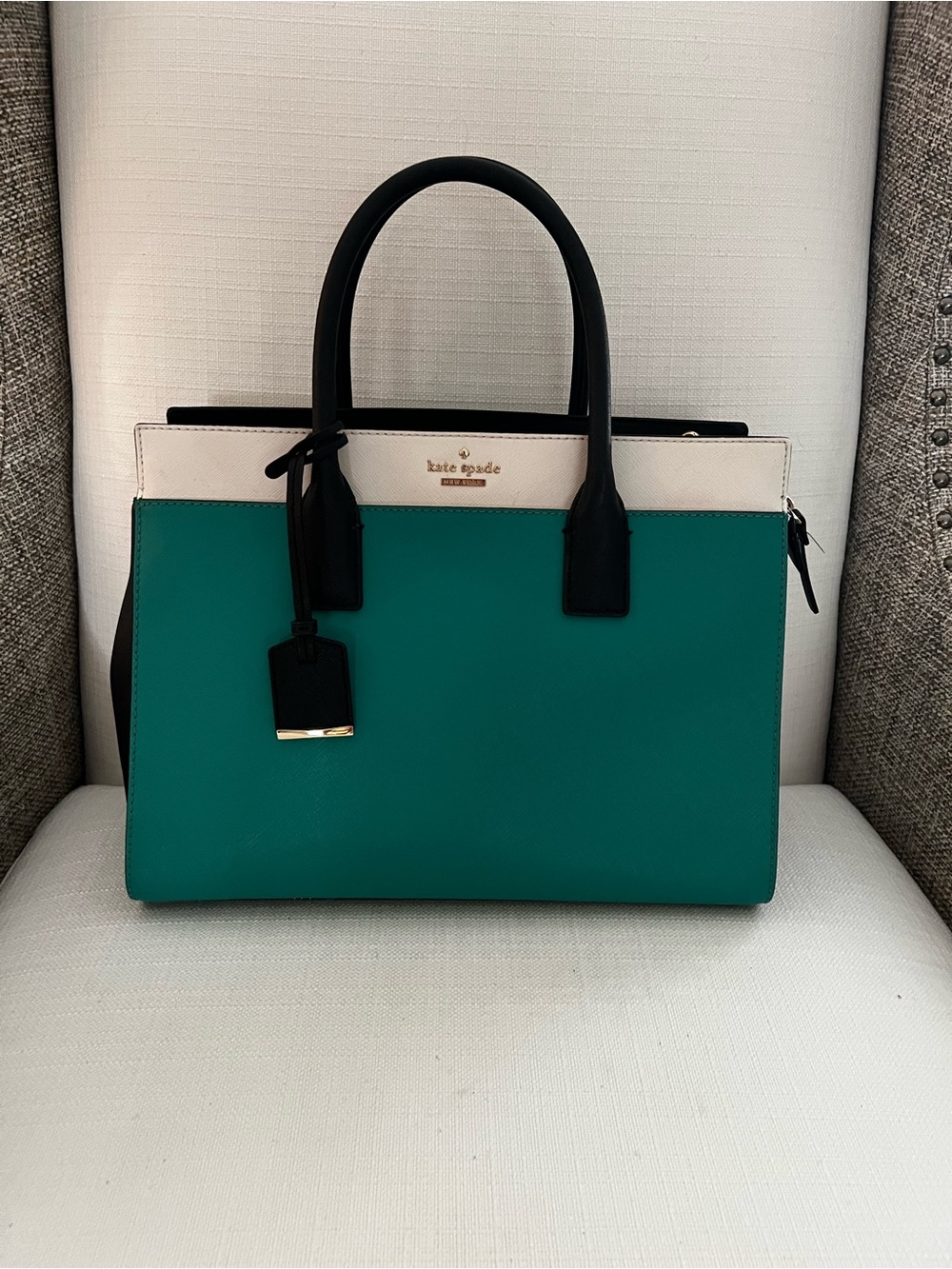 kate spade Teal, Cream & Black Saffiano Leather Satchel